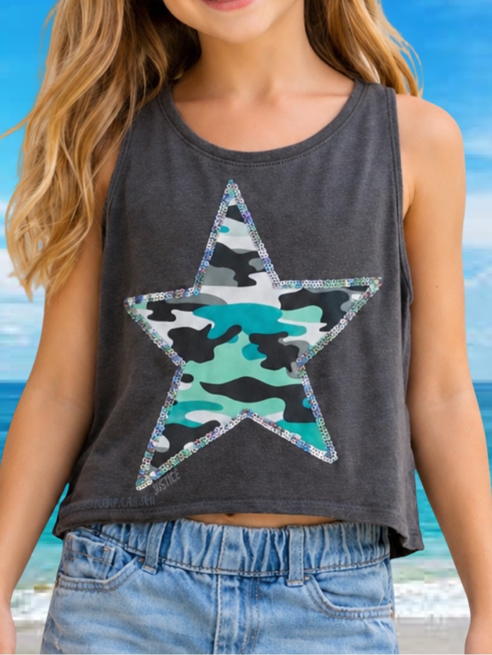 Justice Camo Star Girls Size 10 Gray Sleeveless Glitter Graphic Shirt